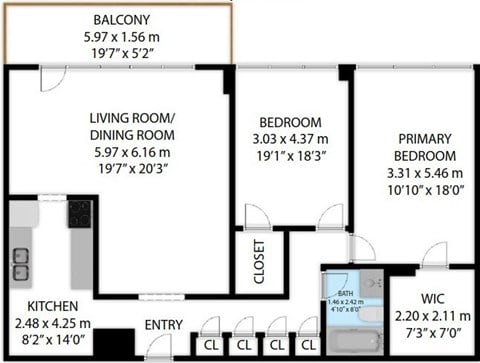 Floor plan for 2 beds, 1 bath, 1182 sqft